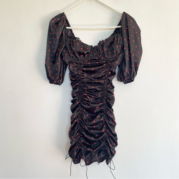 For Love and Lemons Melrose Polka Dot Dress Black Red Ruched Satin Blogger Fav S - Picture 5 of 15